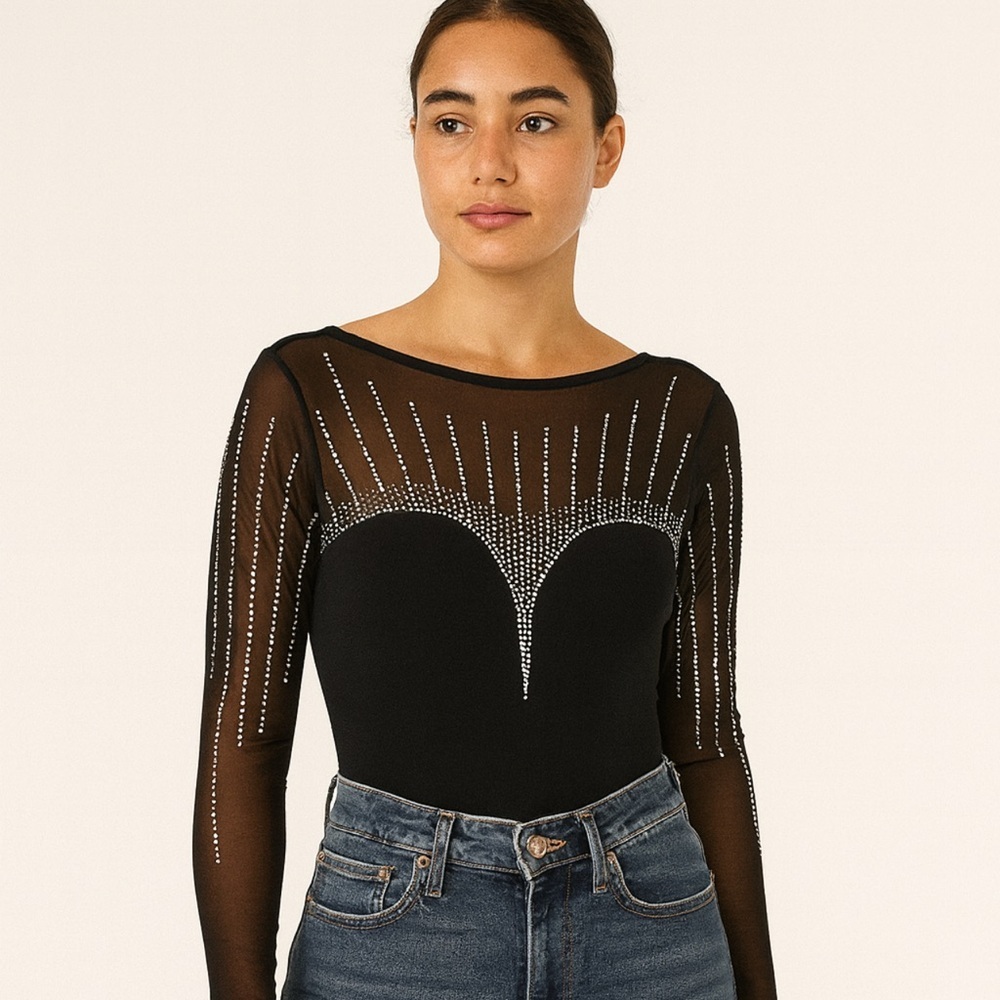 Black Sheer Rhinestone Embellished Top/Bodysuit